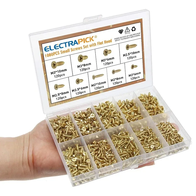 

1080pcs Electrapick Flat Head Screw Gold Cross Drive Tapping Small Screw Furniture Wooden Hardware Accessories