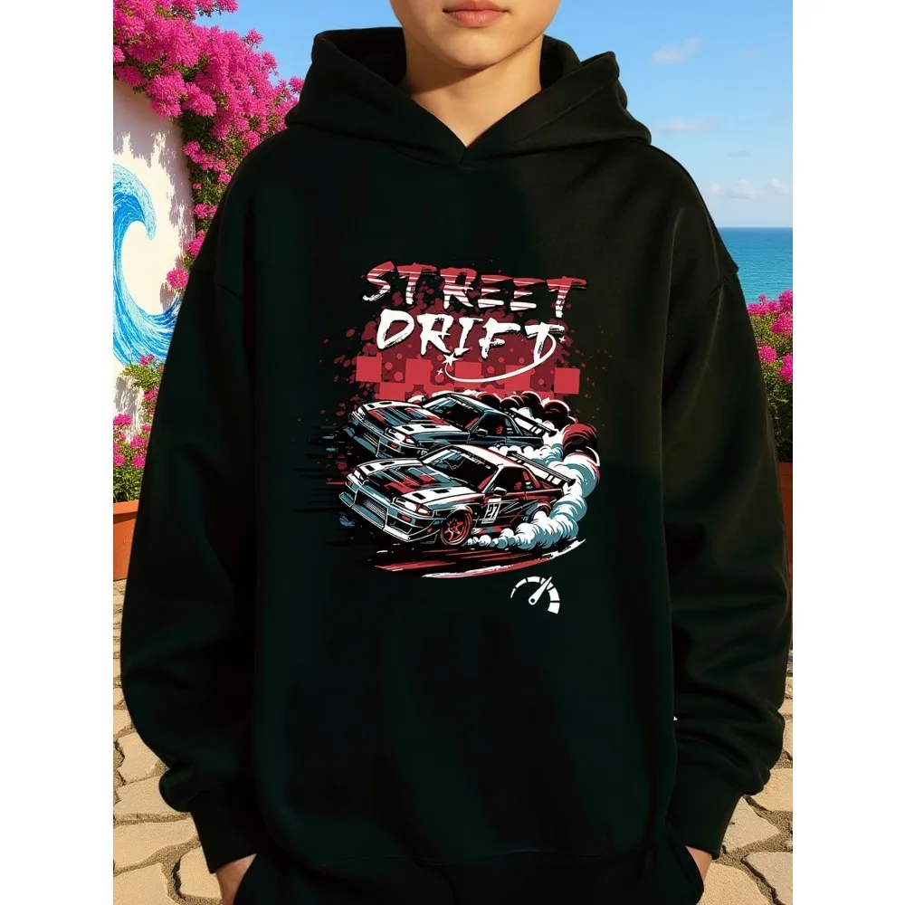 Street drift racing pattern children's hooded sweater long-sleeved pullover boys trend car culture children's clothing