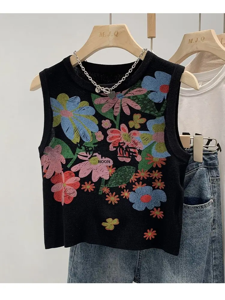 Vintage Graffiti Flower Print Knitted Camisole Women Sweater Vests Crop Tank Tops Fashion Sexy Streetwear Sleeveless Knitwear