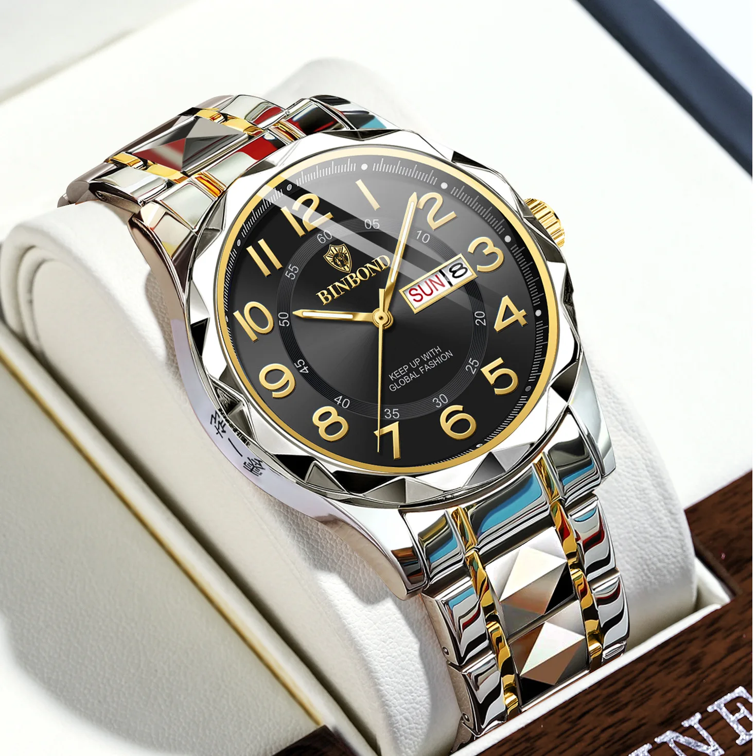 Men's Watch Large Digital Dial Elderly Watch Solid Steel Strap Calendar Waterproof Night Light Clock