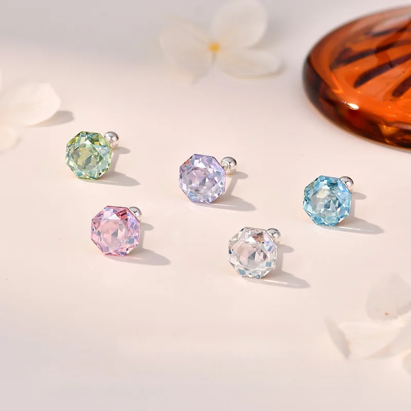S999 sterling silver simple stud earrings for women, with rose-cut design, screw-back, light and high-end style accessory