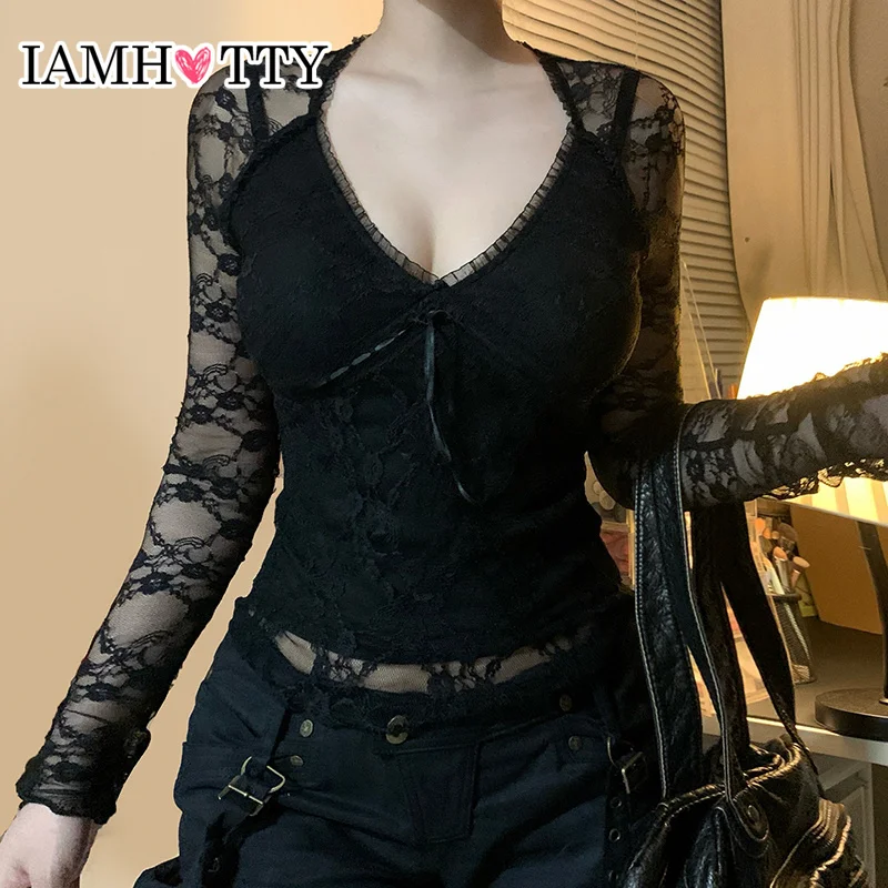 

Футболка IAMHOTTY с цветочным принтом и кружевным рукавом, Готическая футболка с бантом и V-образным вырезом, кокетка, облегающие футболки, сексуальная уличная одежда
