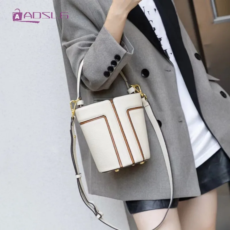 

New Niche Texture Womens Fashion Hit Color Bucket Handbag Real Leather Cowhide Crossbody Bags Korean Armpit Shoulder Bags