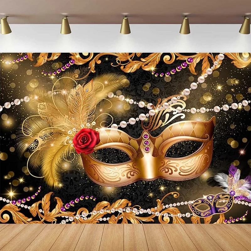 

Masquerade Party Photography Backdrop Black Gold Glitter Mask Birthday Background Mardi Gras Fiesta Dance Pearl Rose Decor