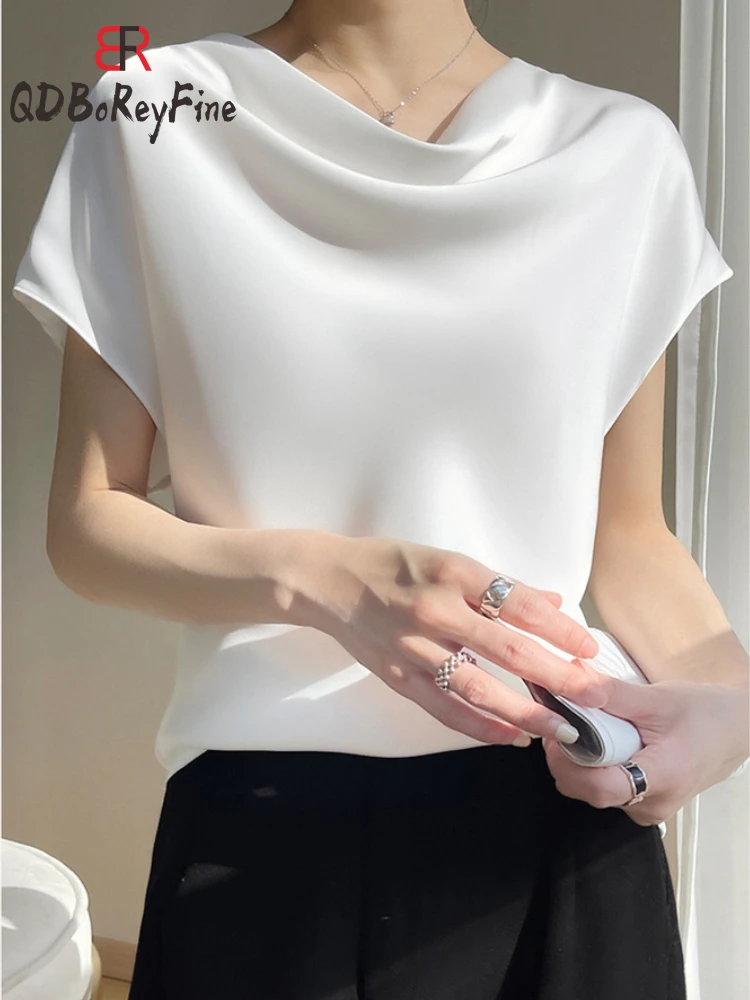 Elegant Women T-shirts Summer Satin Silk Short Sleeve Swinging Collar Basic White Blouse Office Ladies Casual Women Tops 2024