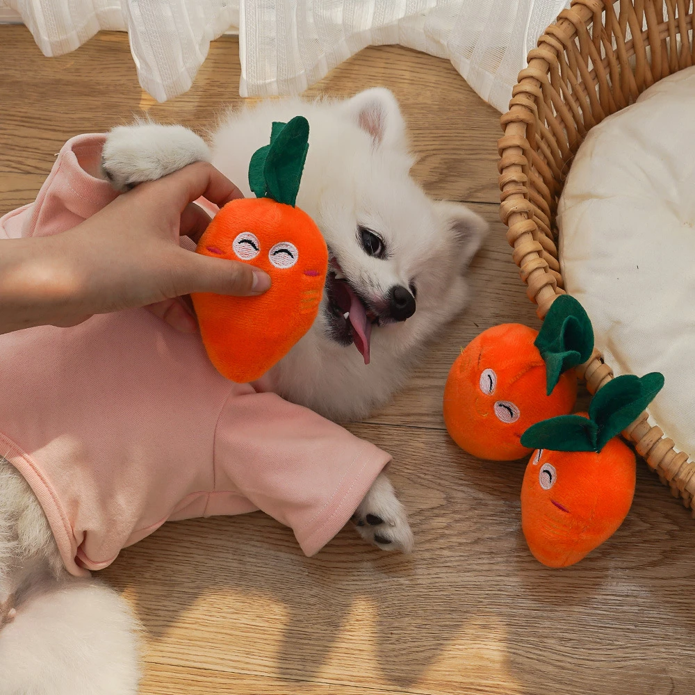 1pc Cute Orange Carrot Shape Plush Pet Toy Durable Puppy Chew Squeaky Toy Pet Teeth Grinding and Interactive Play Toy