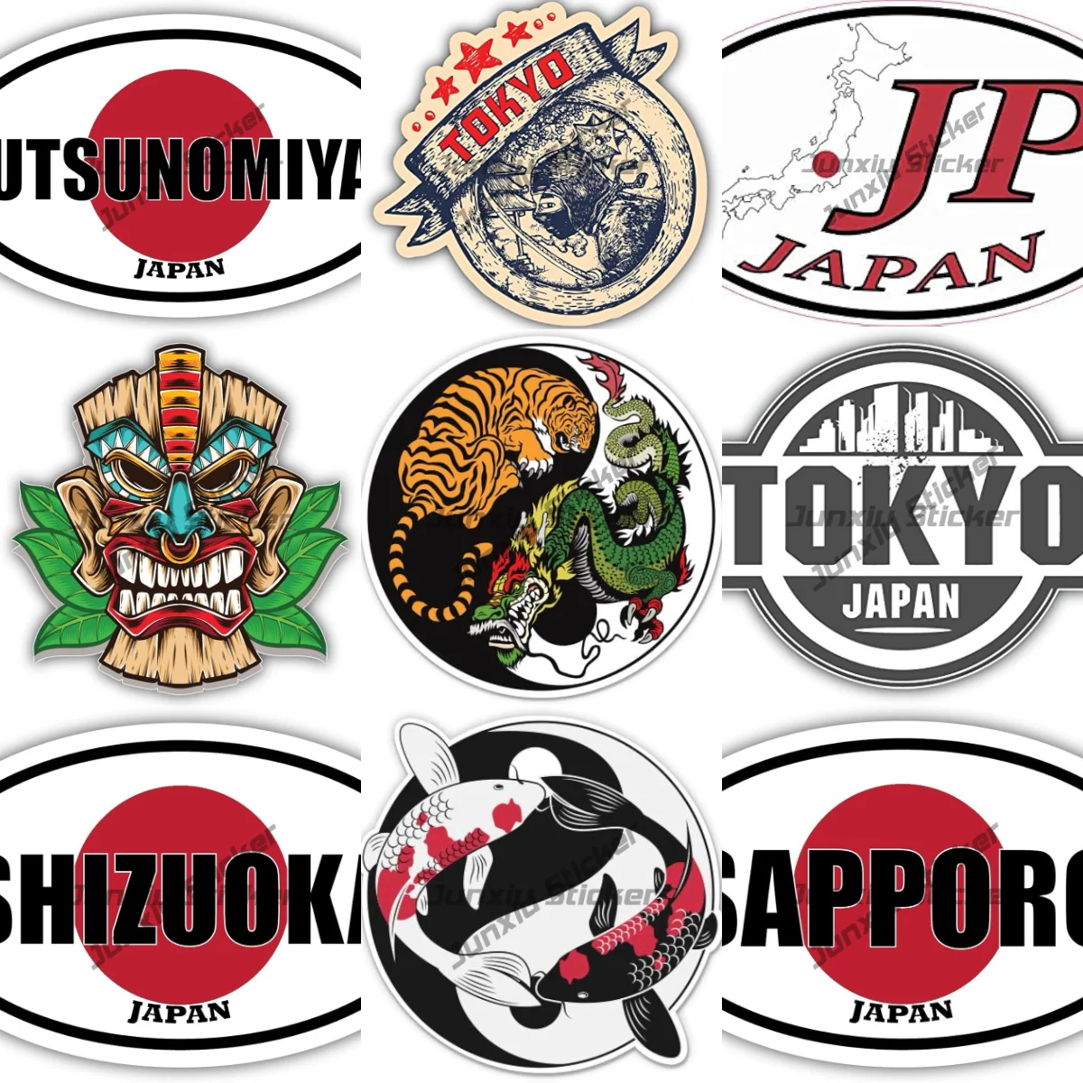 Sapporo Shizuoka pegatina de vinilo ovalada JP Japón Yin Yang Tigre dragón pez Koi asiático pegatina de vinilo calcomanía impermeable accesorios de PVC