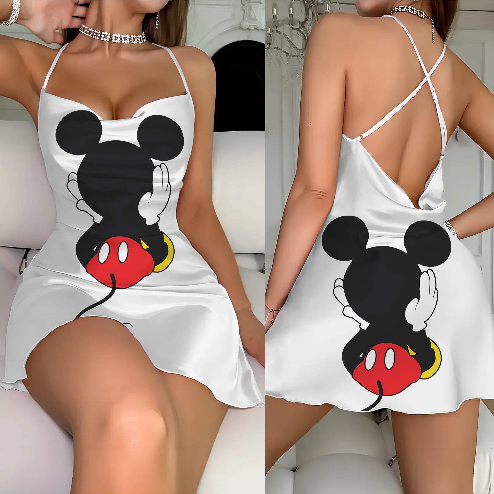 Disney-Vestido feminino Minnie Mouse sem costas, guarnição de alface, Mickey, vestidos elegantes, gola redonda, vestido deslizante, moda verão, 2024