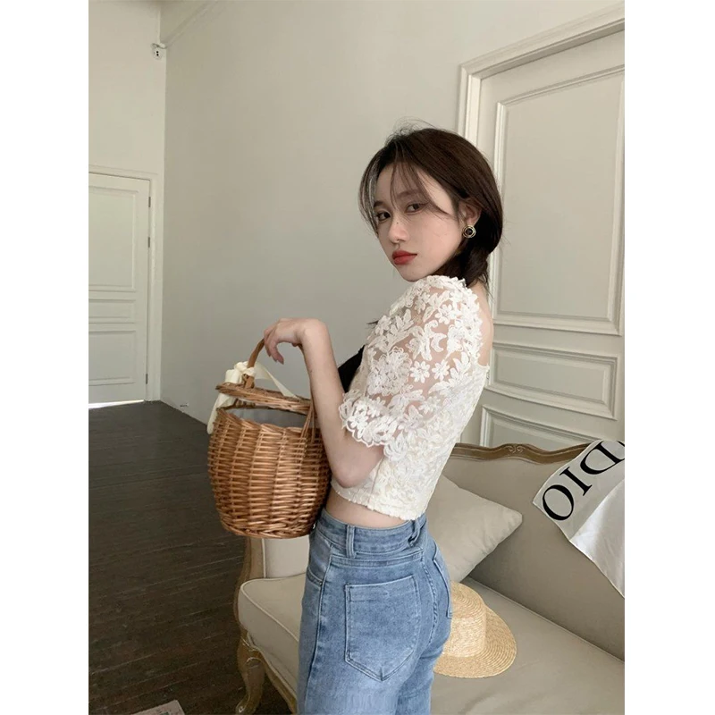 MEXZT Elegant Slash Neck Shirts Women Summer Lace Patchwork Crop Tops Sweet Korean Square Collar Puff Short Sleeve Slim Blouses