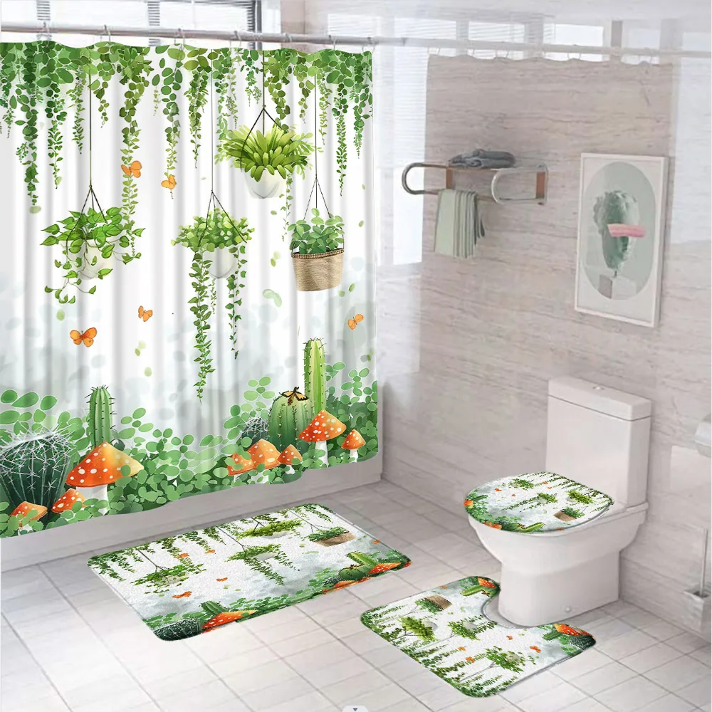 Green Leaves Plant Shower Curtain Set Bathroom Decor Country Potted Mushroom Cactus Scenery Butterfly Bath Mat Rug Toilet Cover