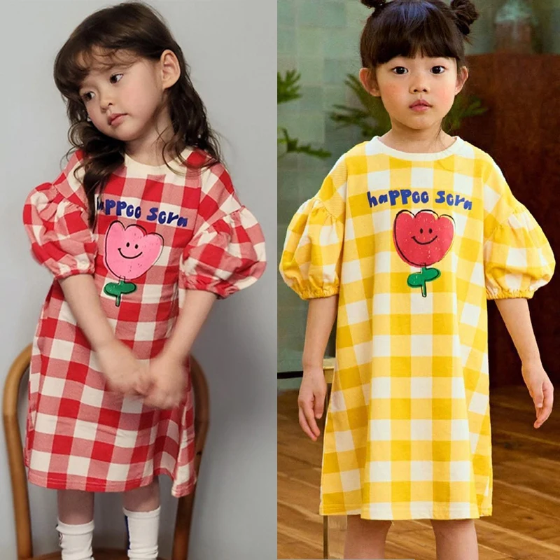 Girls Summer Plaid Dress Floral Short Puff Sleeve Beach Sundress