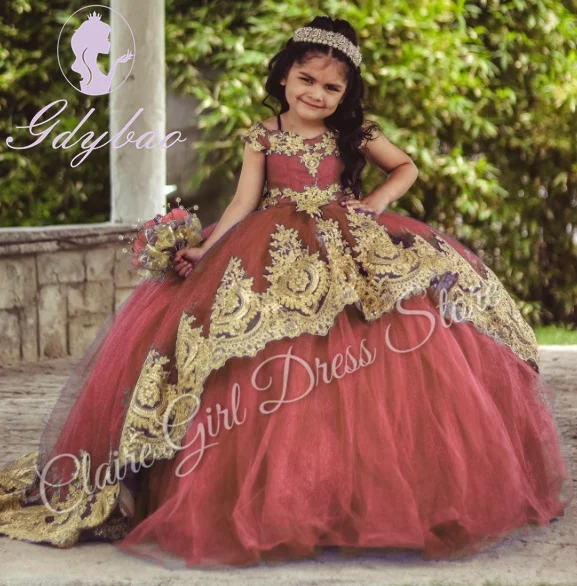 Customized Red Flower Girl Dresses For Wedding Gold Appliques Sleeveless Floor Length Kids Birthday Party First Communion Gown