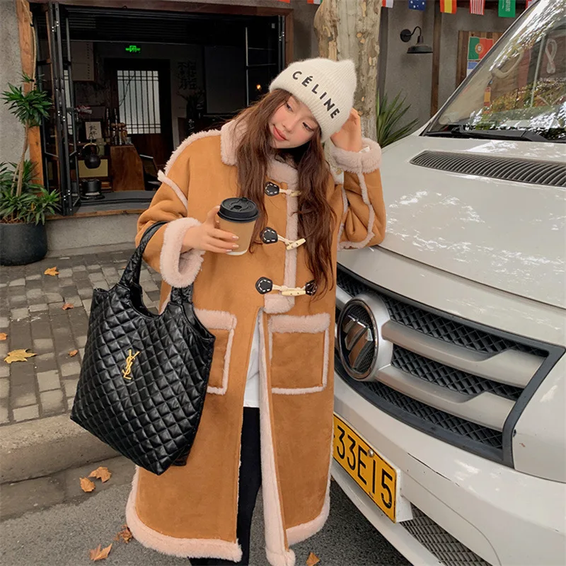 2024 winter new Korean irregular horn button suede fur integrated lamb wool sheep shearing fur coat women's coat