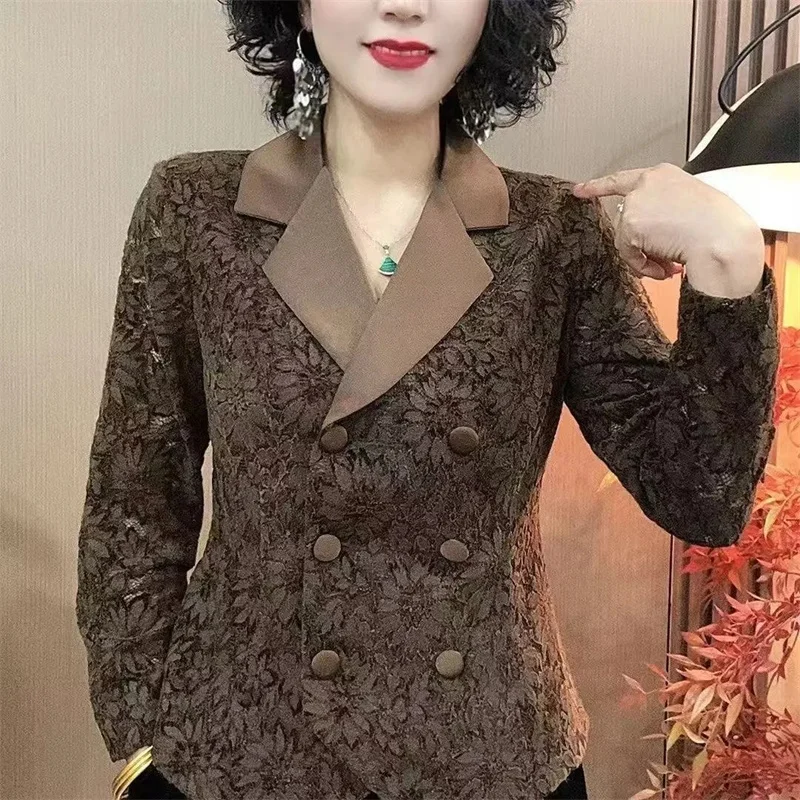 

Женский тонкий пиджак на весну-осень 2026: Элегантный двубортный жакет с кружевом, верхняя одежда для мам, высококачественный стильный вариант