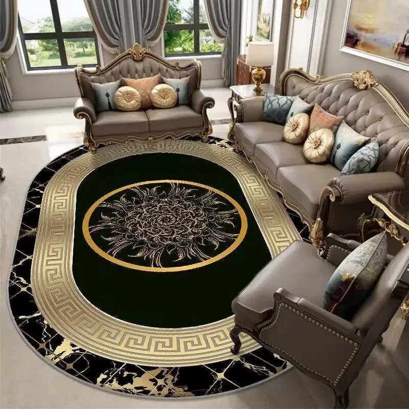 

European Luxury Living Room Oval Carpets Black Gold Rugs for Bedroom Decor Modern Sofa Coffee Table Floor Mat Non-slip Carpet