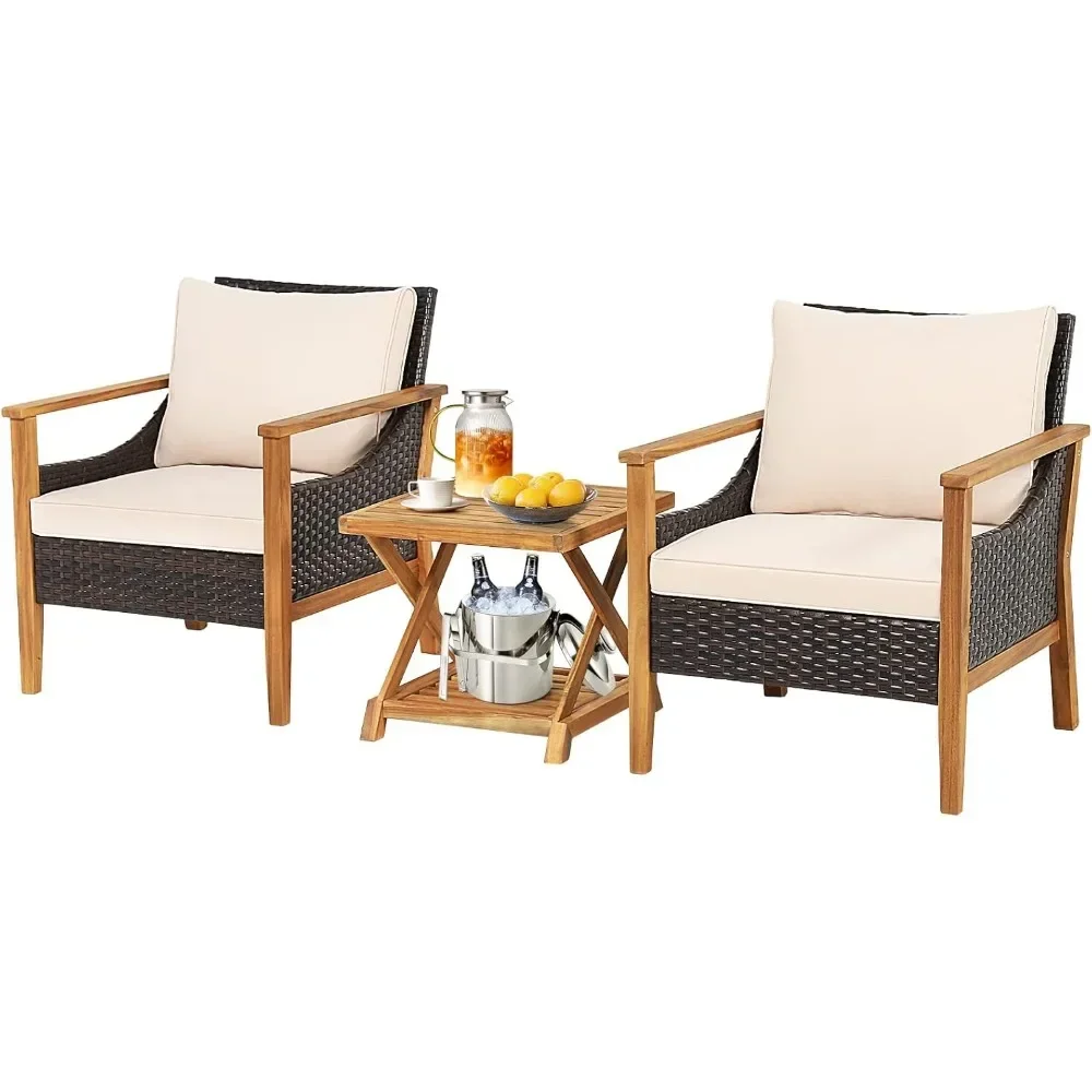 3 Stuks Pe Rieten Patio Bistroset, Outdoor Acaciahout Conversatieset Met Kussens En 2-Tier Salontafel