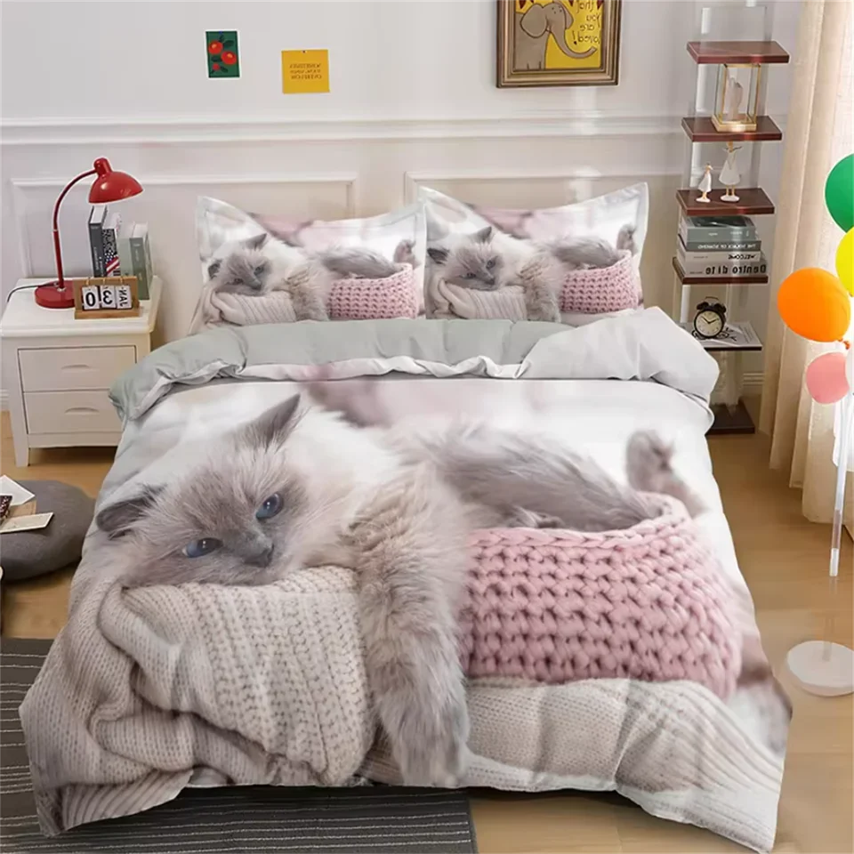 Cute Cat Bedding Set 3D Duvet Cover Set Single Double Twin Full Size Teens Adults Bedclothes Soft Polyester Bed Linen For Baby