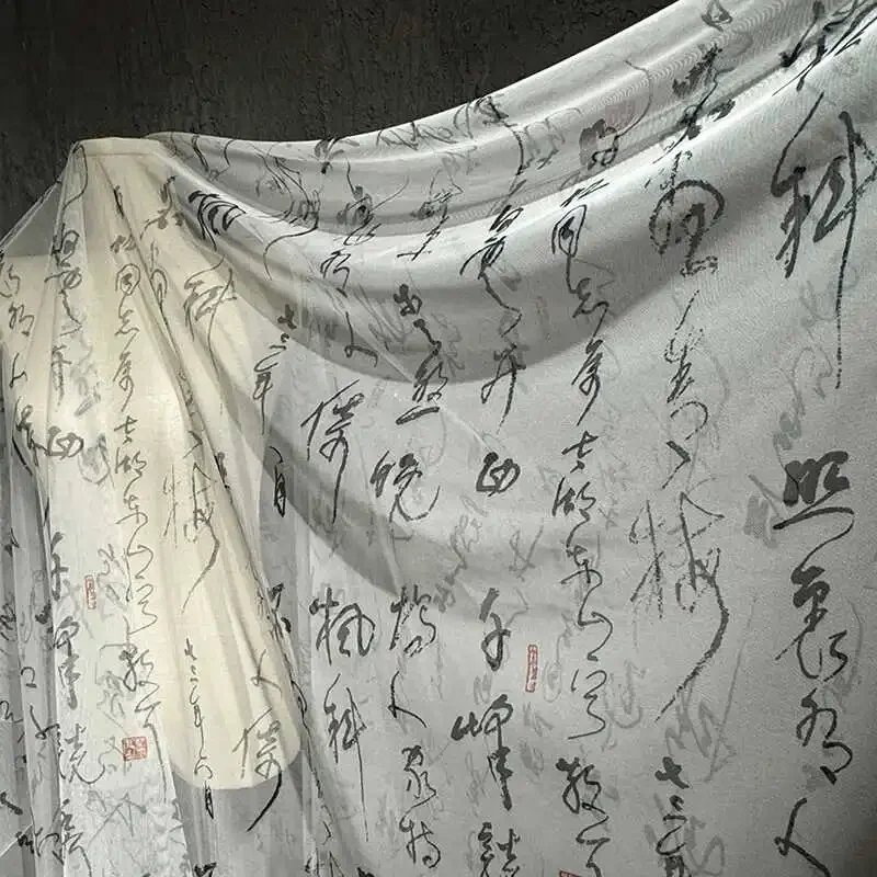 Ancient style cursive Chinese characters calligraphy gauze fabric Chinese style Hanfu poetry text skirt clothing designer fabric