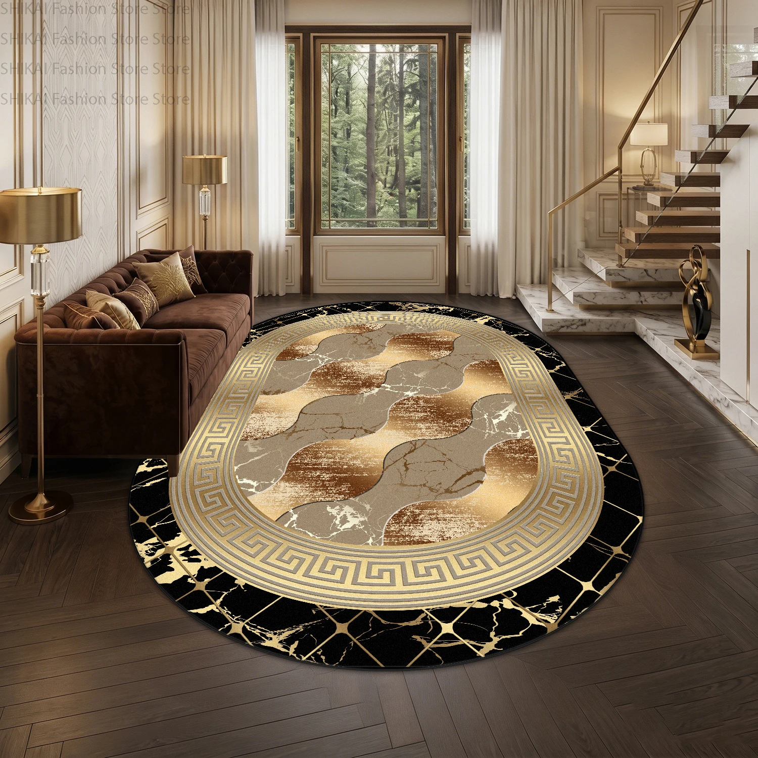 Modern Gold Luxury Style Oval Living Room Carpet Easy Clean Short Velvet Large Floor Mats Decoration Bedroom Non-slip Fluffy Rug