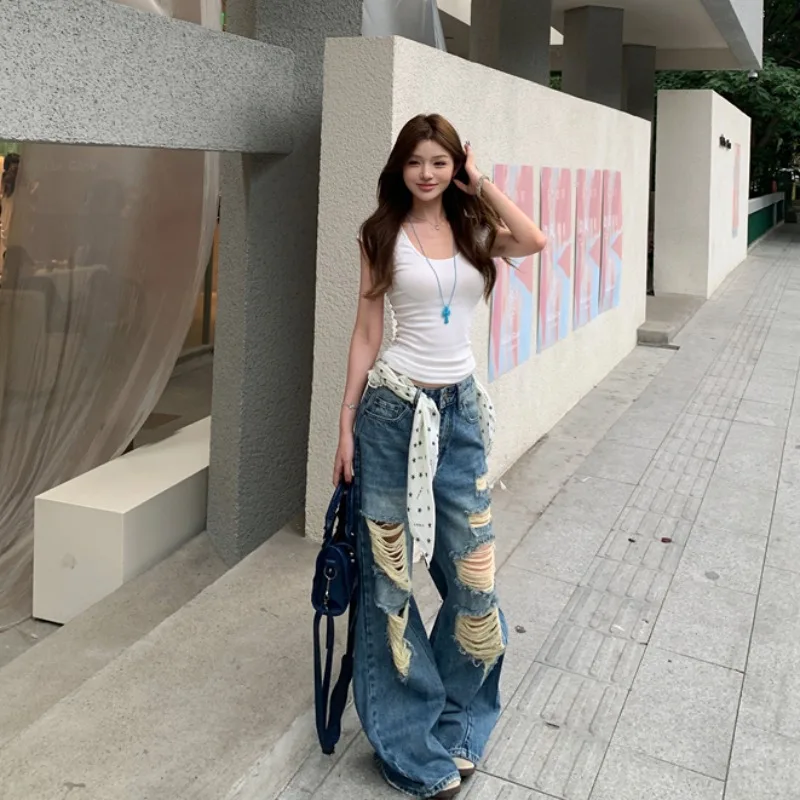 

Summer New Loose Women's Denim Jeans High Waist Straight Leg Casual Trousers American Style Asymmetrical Hole Fashionable