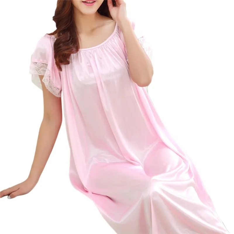 Solid Lace Ice Silk Satin Sleepwear Female Large Sexy Night Dress Nightgown Women Sleeping Dresses Plus Size