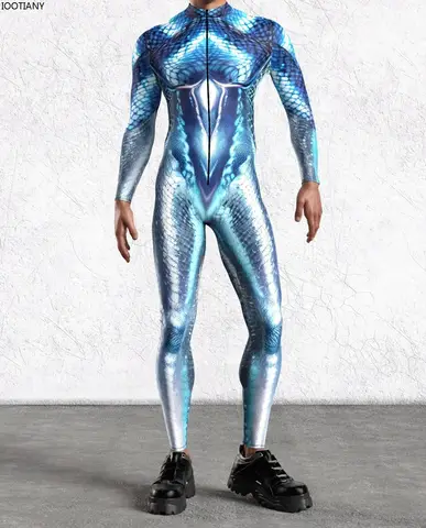 Cadılar bayramı erkekler Mermaid Cosplay tulum balık ölçekli Cyber zırh Bodysuit Steampunk Zentai Suit karnaval parti gösterisi bisiklet Catsuit