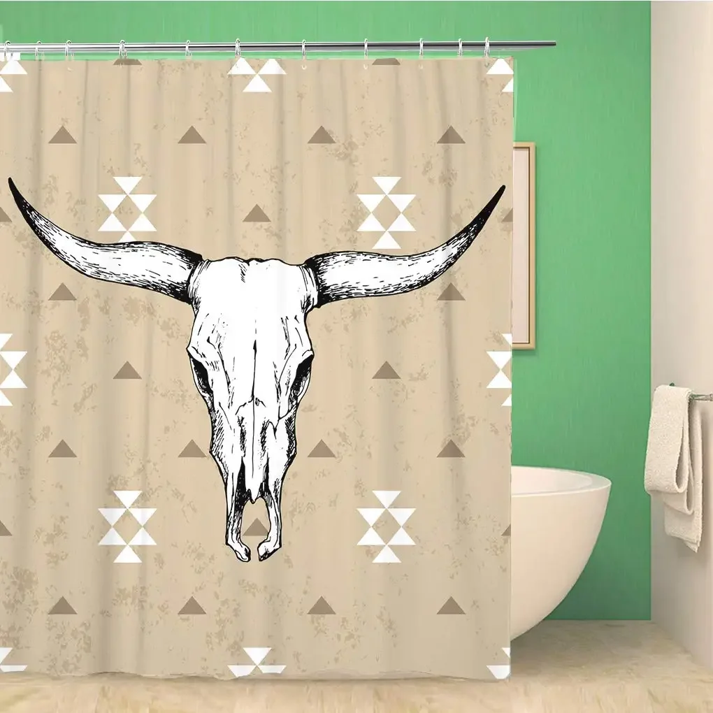 Long Horned Bull Skull Shower Curtain Waterproof Polyester Fabric Home Bathroom Curtain Decorative Bathtub Screen with Hooks