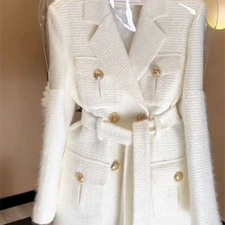 Blazer croisé à double boutonnage pour femme, veste blanche imbibée à lacets, haut à fouet haut, petit parfum, tempérament, automne et hiver, nouveau, 2025