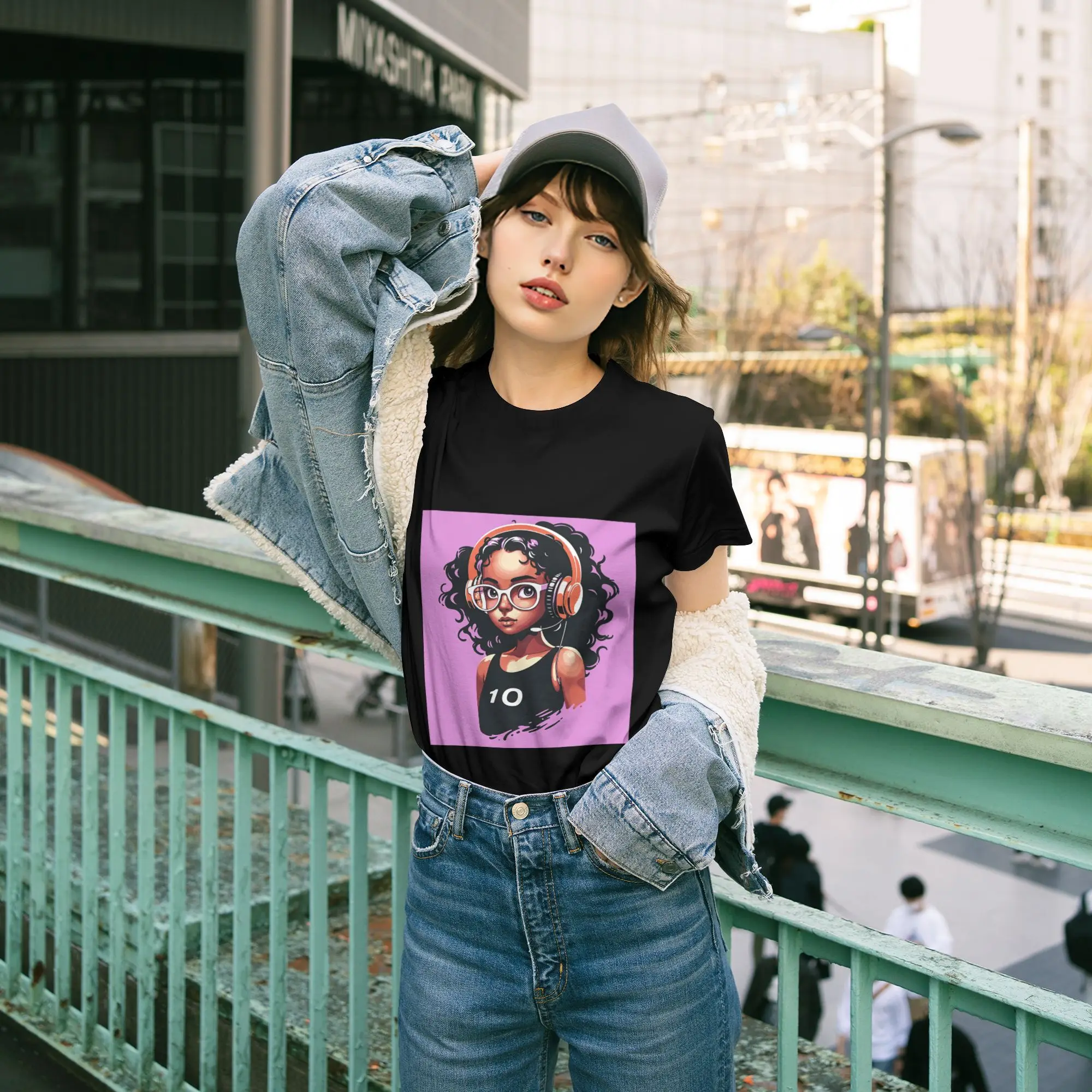 

Women's 200g Cotton Short Sleeve Graphic Tee with Girl & Headphones Art