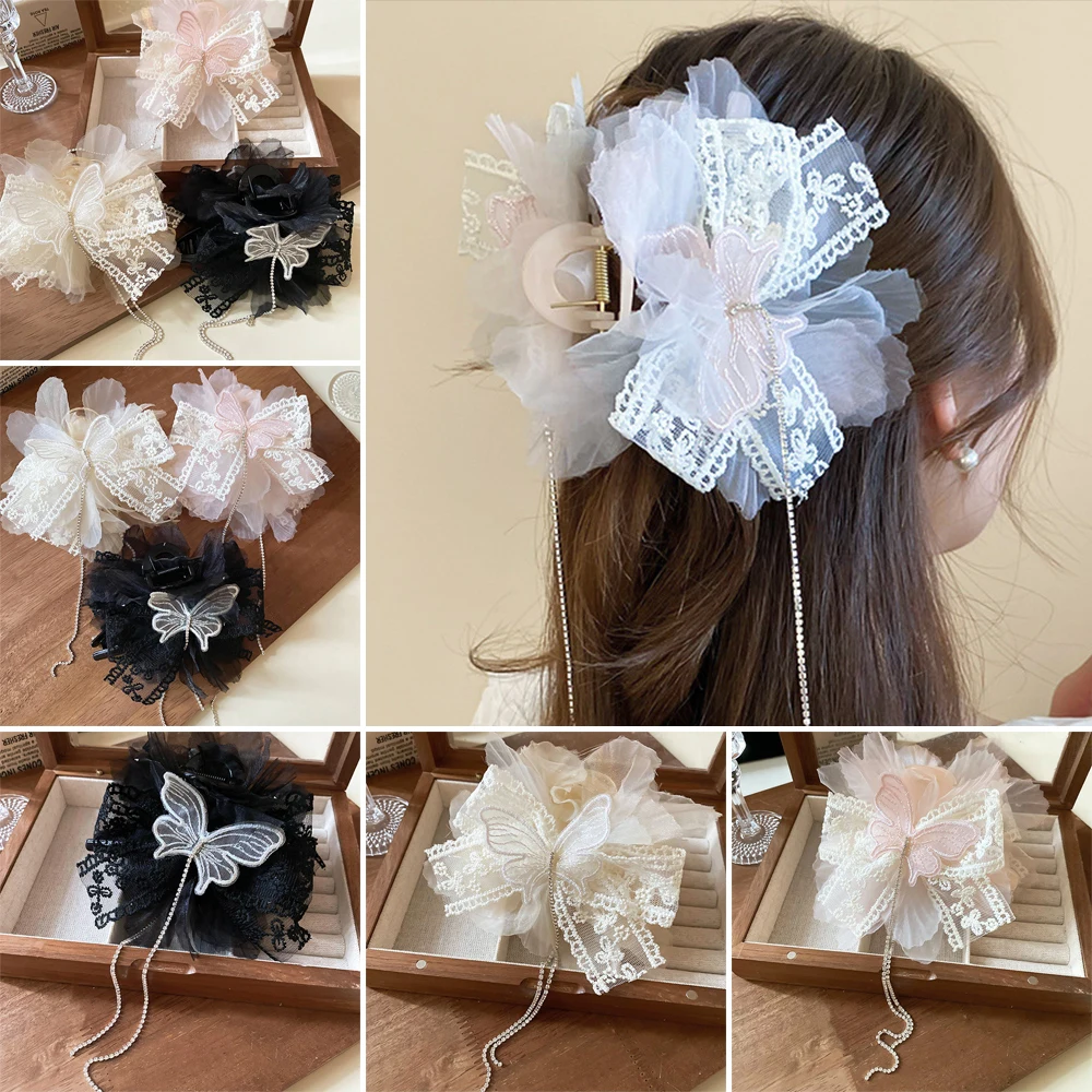 

Elegant Gauze Flowers Hair Clip Butterfly Long Fringe Rhinestones Hair Claw Acrylic Shark Clip for Women Sweet Fashion