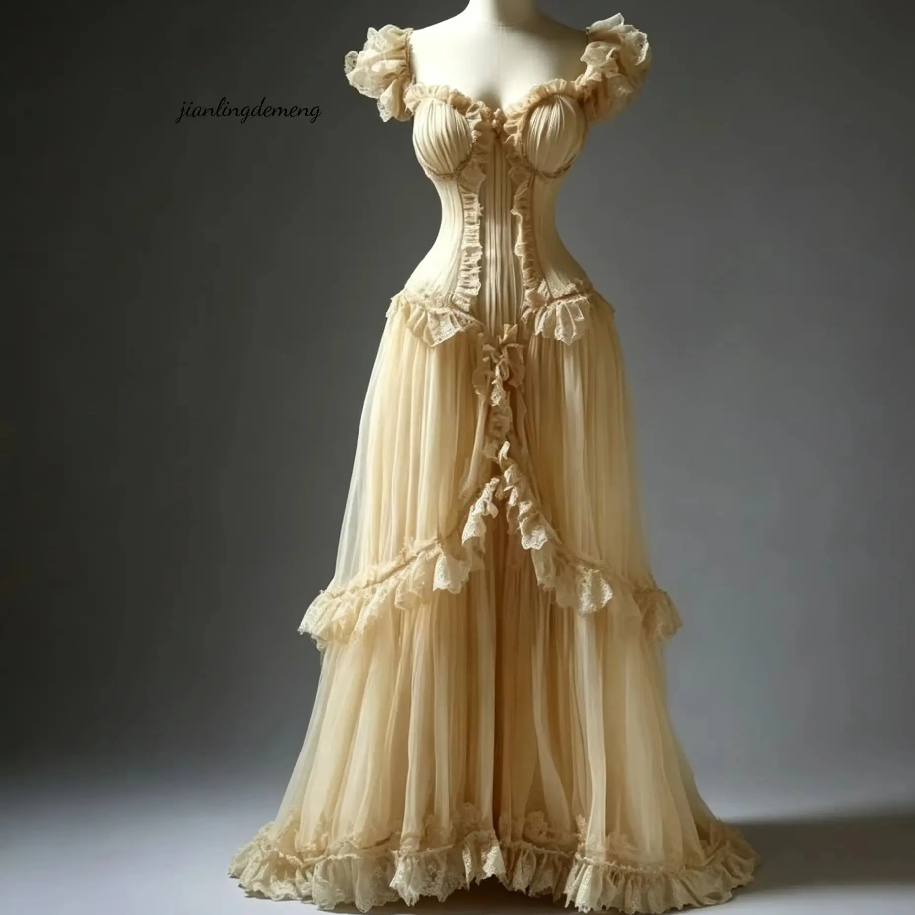 Victorian Champagne Tulle Corset Wedding Dress Off Shoulder Cap Sleeve Lace Ruffle Handmade Bridal Shower Gown Customized