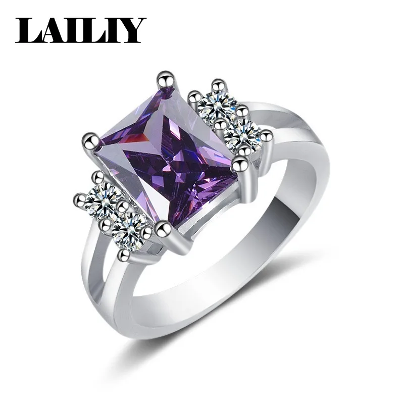 925 Sterling Silver Adjustable with Diamond Studded Purple Rectangular Center Stone Ring for Women Fashion Jewelry