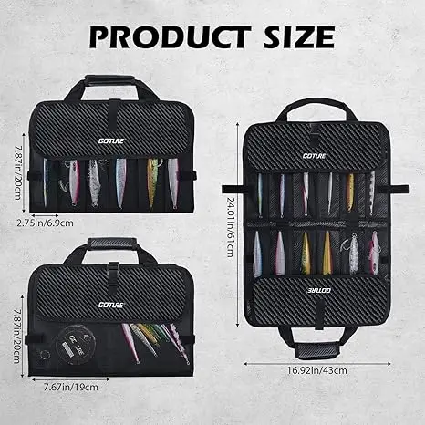 

Goture Jig Storage Bag 2 Sizes 20 Mesh Pockets for 10" Vertical/Slow Pitch Jigs 600D PU Water-Resistant Saltwater Freshwater