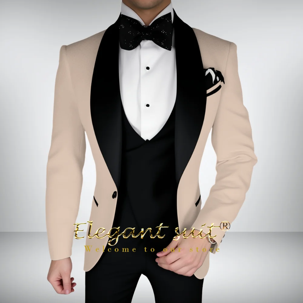 

Men's 3 Piece Suit Beige Blazer with Black Satin Lapel & Waistcoat Premium Formal Attire for Upscale Celebrations