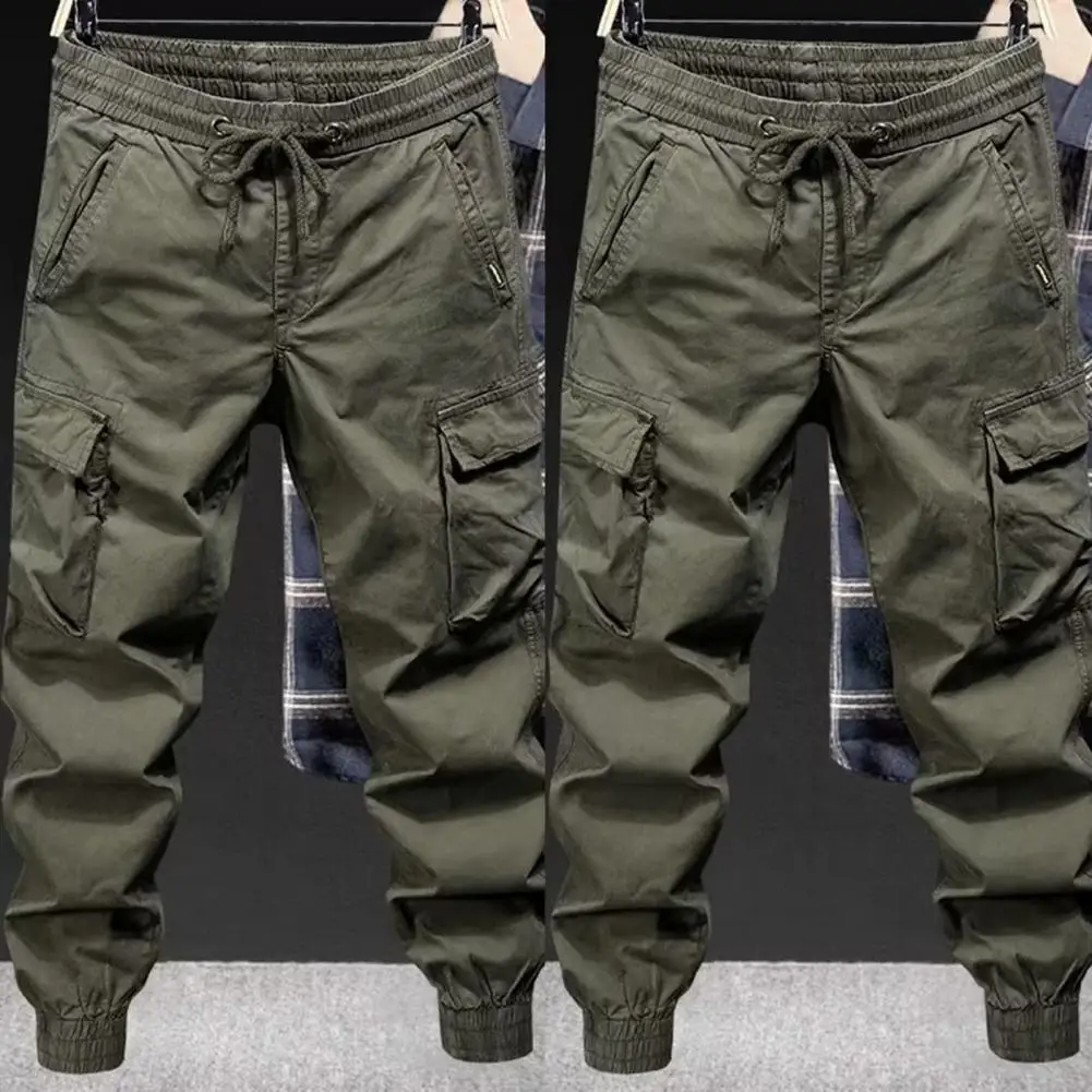 Elastic Waistband Pants Men\'s Cargo Pants with Drawstring Elastic Waist Multiple Pockets Ankle-banded Design for Daily for Hip