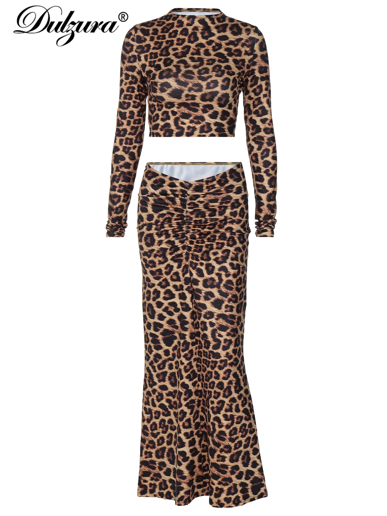 Dulzura Leopard Printed Elegant Matching Suits Long Sleeves Top Ruched Maxi Dress Sets Women Outfits Clothes Sexy Party Club Y2K