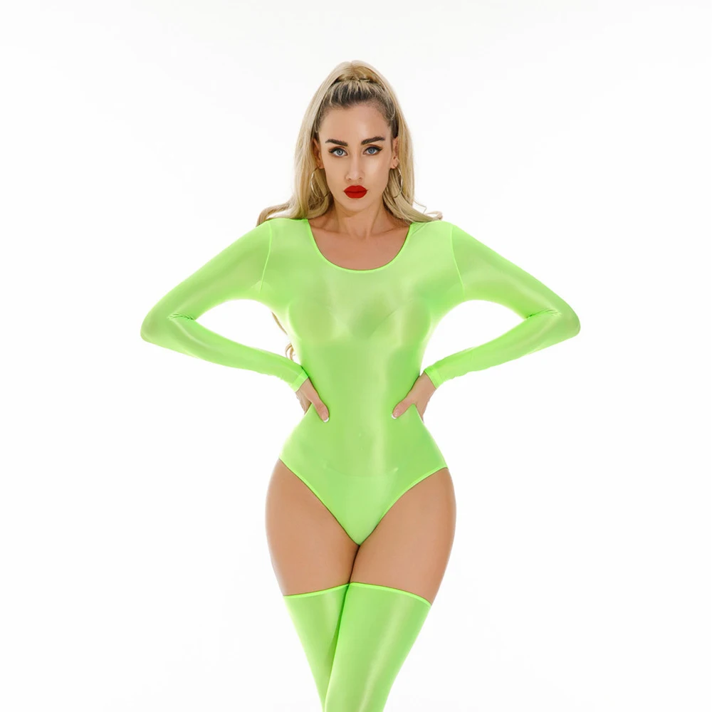 Sexy Women Candy Color High Cut Bodysuit Elastic Dance Tights Smooth Longsleeve Yoga Shapping Leotard One Pieces Thong