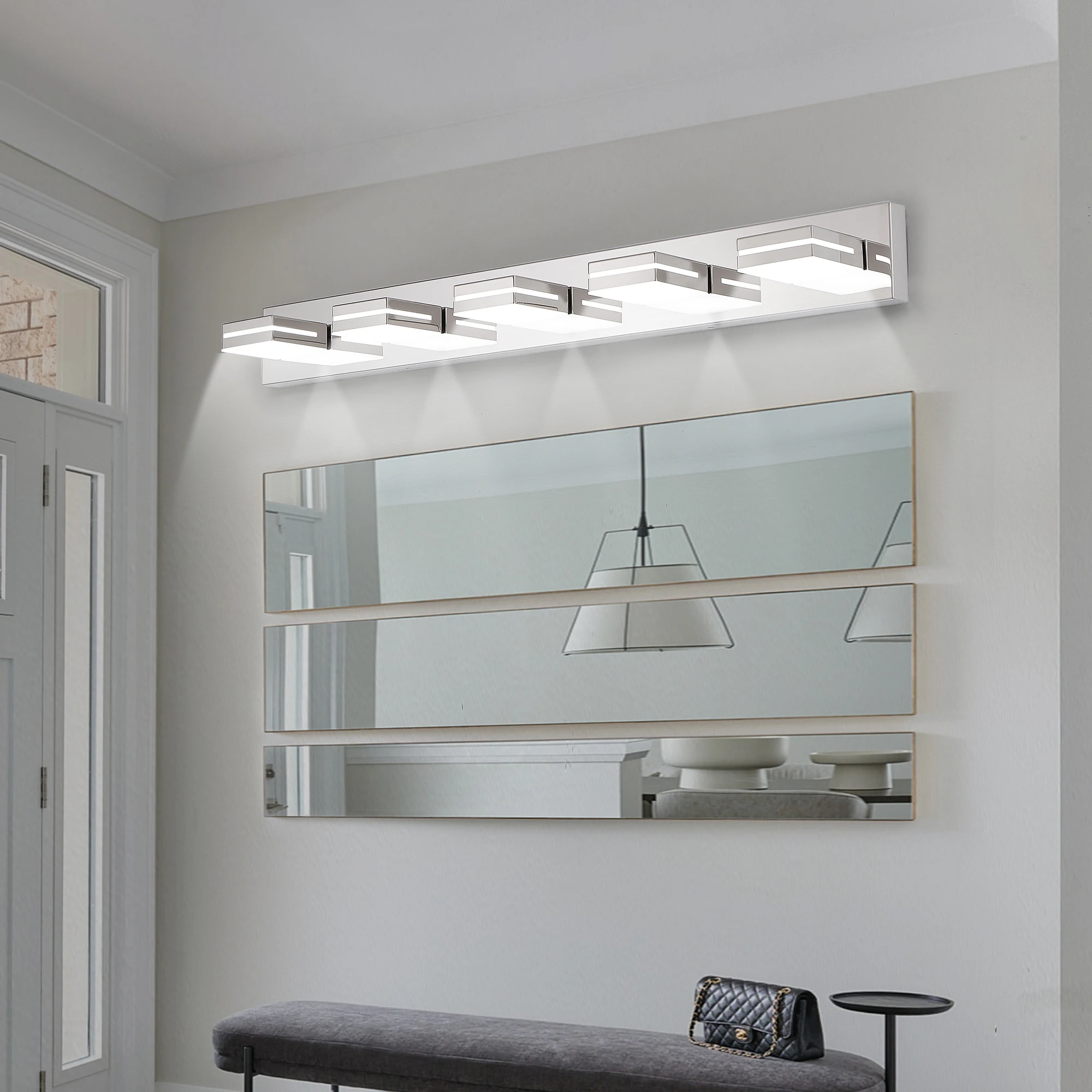 5-Light LED Modern Bathroom Vanity Light Fixture Matte Chrome Modern Acrylic Bathroom Wall Lighting Over Mirror Cool White 6000K