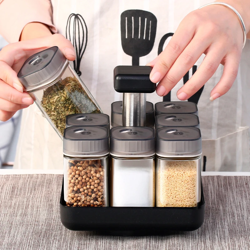 9 Pcs Set 360 Rotating Kitchen Spice Jar Pepper Sugar Glass Bottle Salt Sealed Container Seasoning Box with Storage Rack