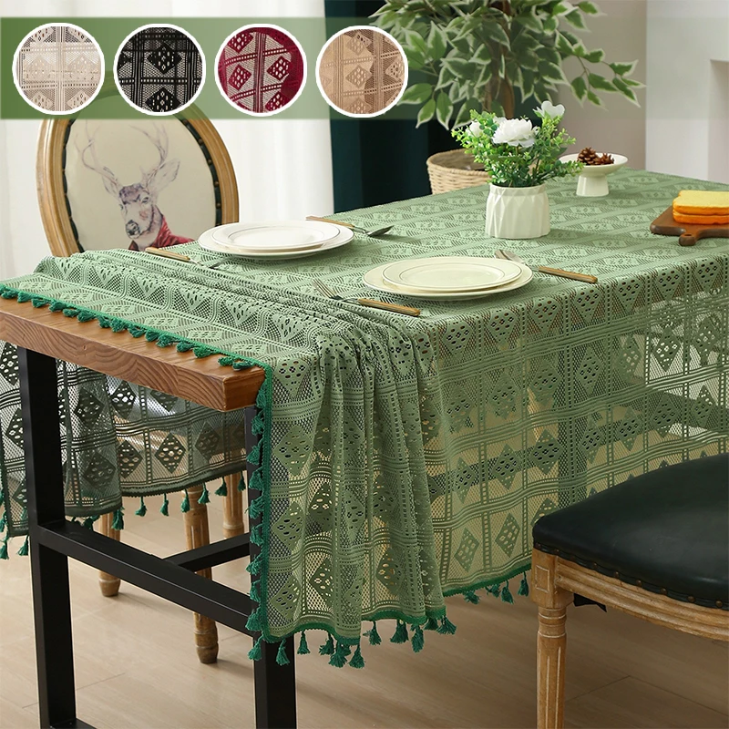 

Gothic Hollow Lace Tablecloth Rectangle Crochet Knitting Retro European Style with Tassel for Home Dining Party Wedding Decor