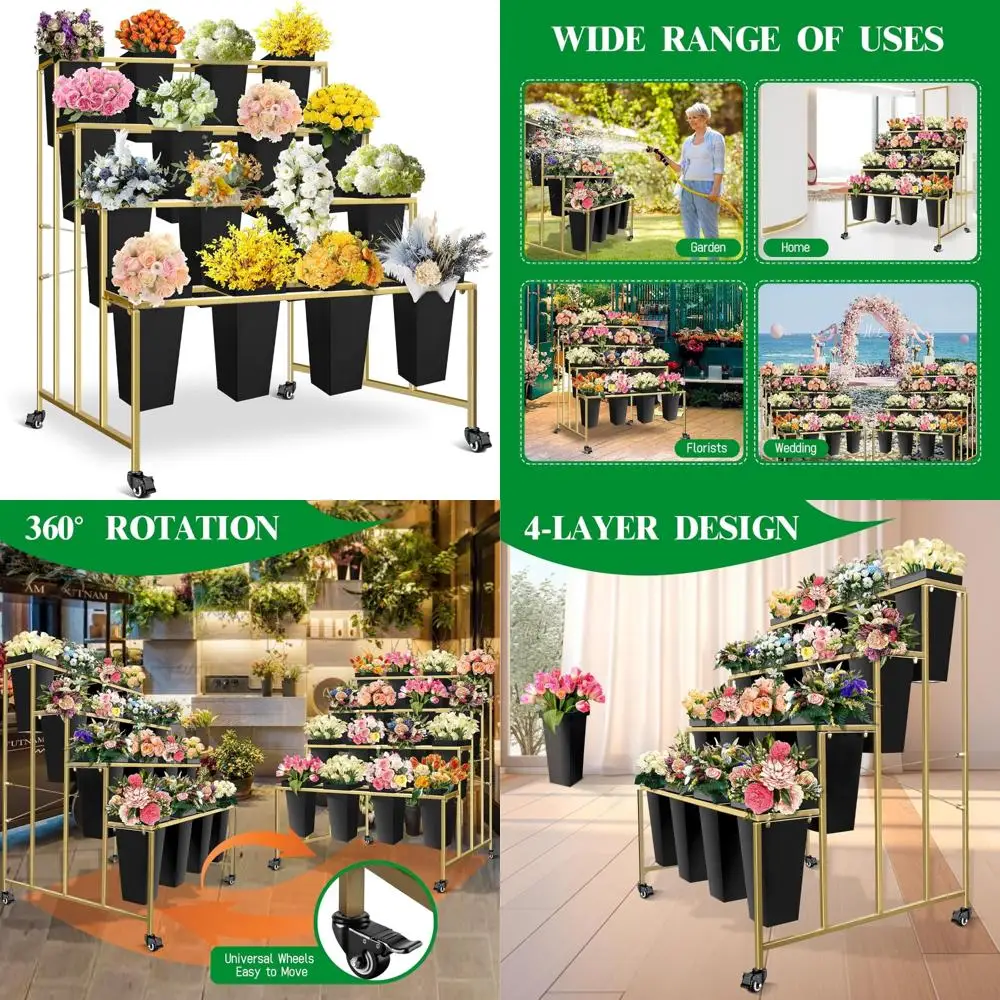

4-Tier Metal Flower Cart with 16 Buckets for Outdoor Garden Display and Living Room Decor
