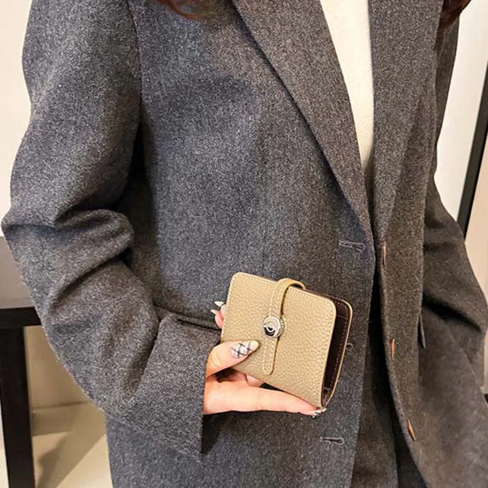 

Portable Lady Short Organ Wallet Snap Button Classic Style Soft PU Purses Solid Color Anti-Splash Water Multiple Card Bag Women
