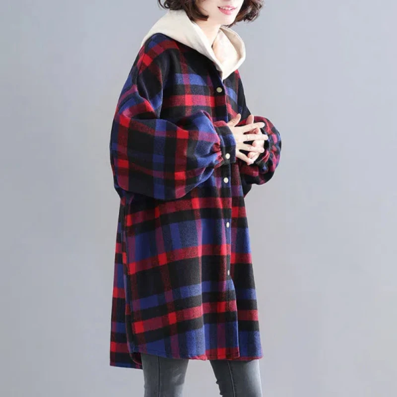 New 2024 Autumn Winter Women's Shirts Korean Chic Plaid Print Thick Blouse Loose Lady Casual Tops All-Match Cardign Kt7069