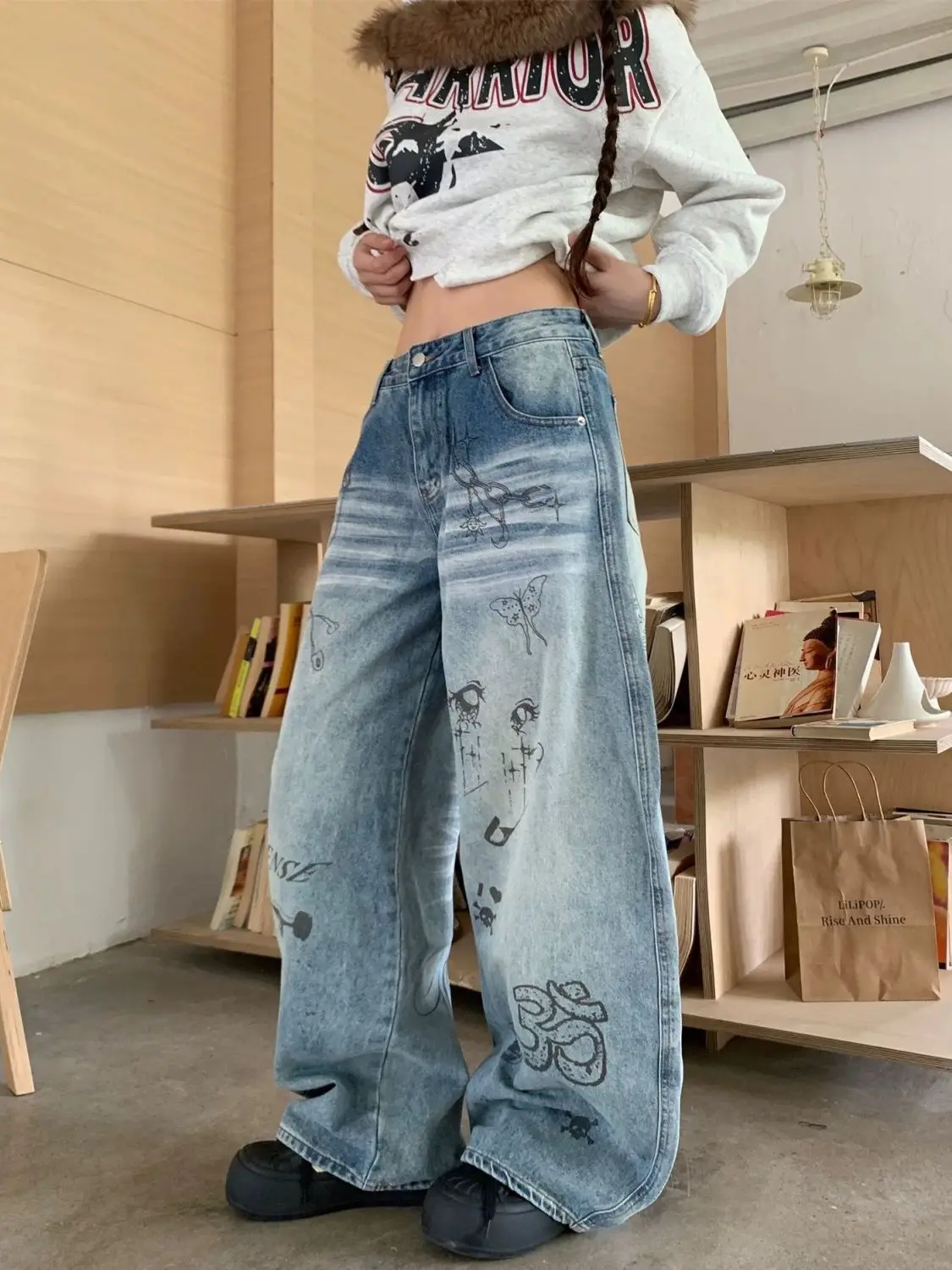 Women's Blue Cartoon Denim Y2K Harajuku Streetwear Cute Aesthetic Vintage Wide Leg Jeans Fashionable Retro Style Clothing 2026