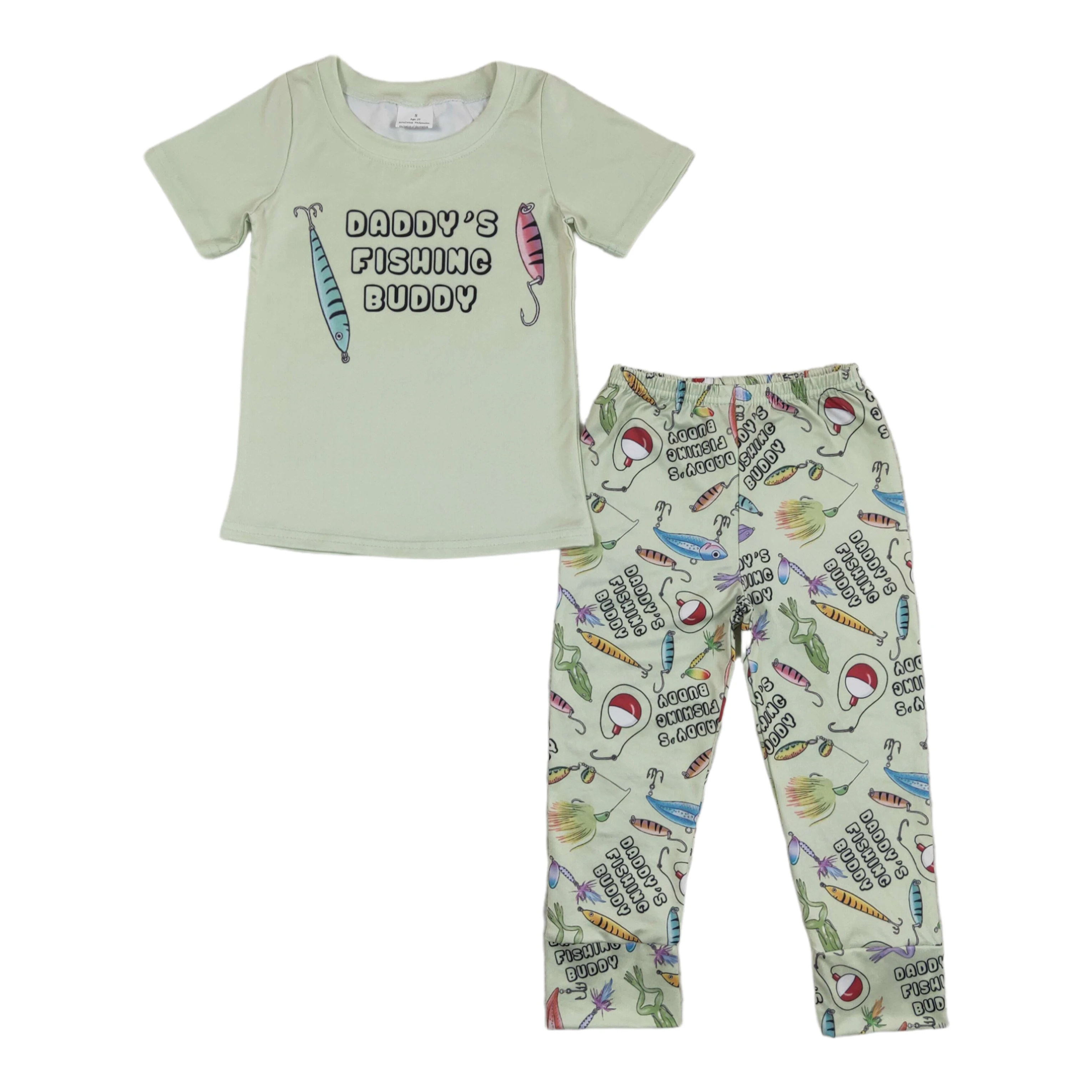

Wholesale Baby Boy Fishing Clothes Kids Long Sleeve Flower Top Ruffle Green Solid Cotton Pants Toddler Children Spring Outfit