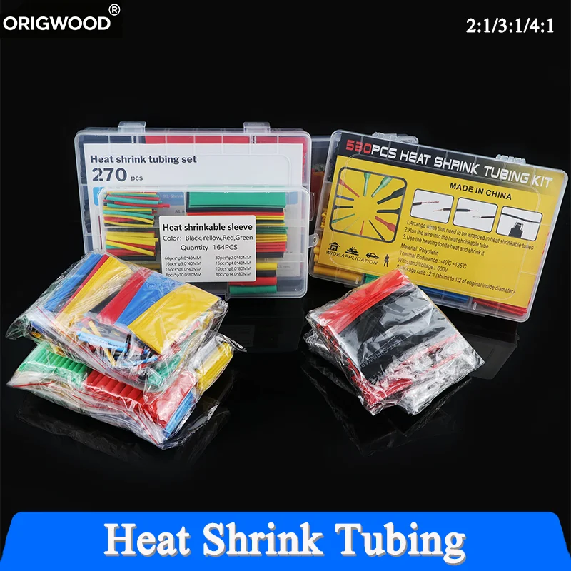 1/2/5 Box/Bag 2:1/3:1/4:1 Shrink Ratio Electric Wire Heat Shrink Tubing Assortment Kit 127~750P Cable Insulation Heat Wrap Tube