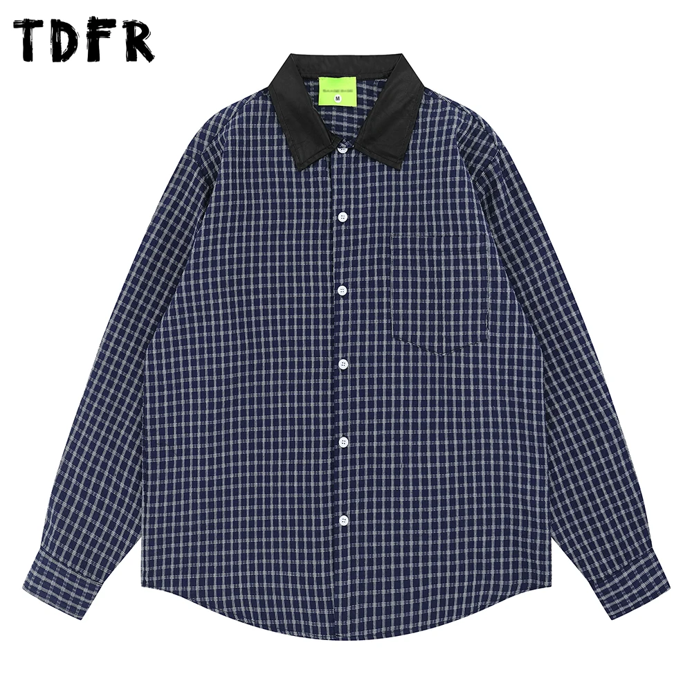 

Spliced Plaid Long Sleeve Shirts Mens Pocket Autumn Retro Casual Pocket Lapel Single Breasted Checked Shirt Man