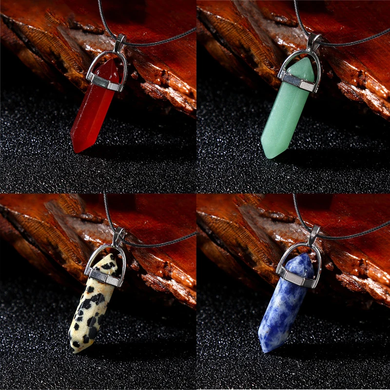 Natural stone Opal lapis amethyst Pink Crystal Stone Hexagonal Column Pendant Necklaces Leather Chains Necklace Fashion Jewelry