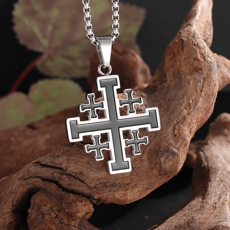 Stainless Steel Jerusalem Crusader Cross Necklace Pendant Women Men Medieval Religious Statement Jewelry Gift