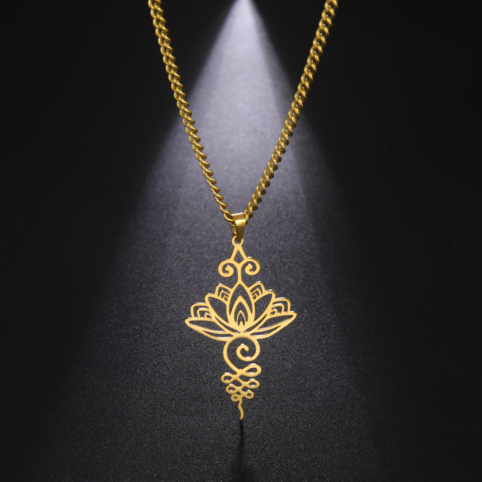 Vintage Lotus Flower Necklace Stainless Steel Unalome Symbol Pendant Necklace Yoga Buddhism Amulet Jewelry Gift for Women